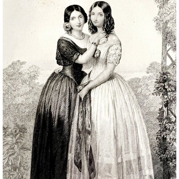 1859 Friends 2 Beautiful Girls Engraving Victorian Fashion Friendship Art DWY5E